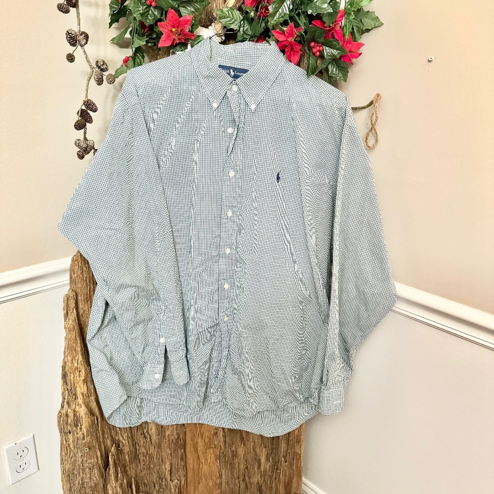 Men's Polo Ralph Lauren Long Sleeve Blue & Green Checkered Button Up Size XL